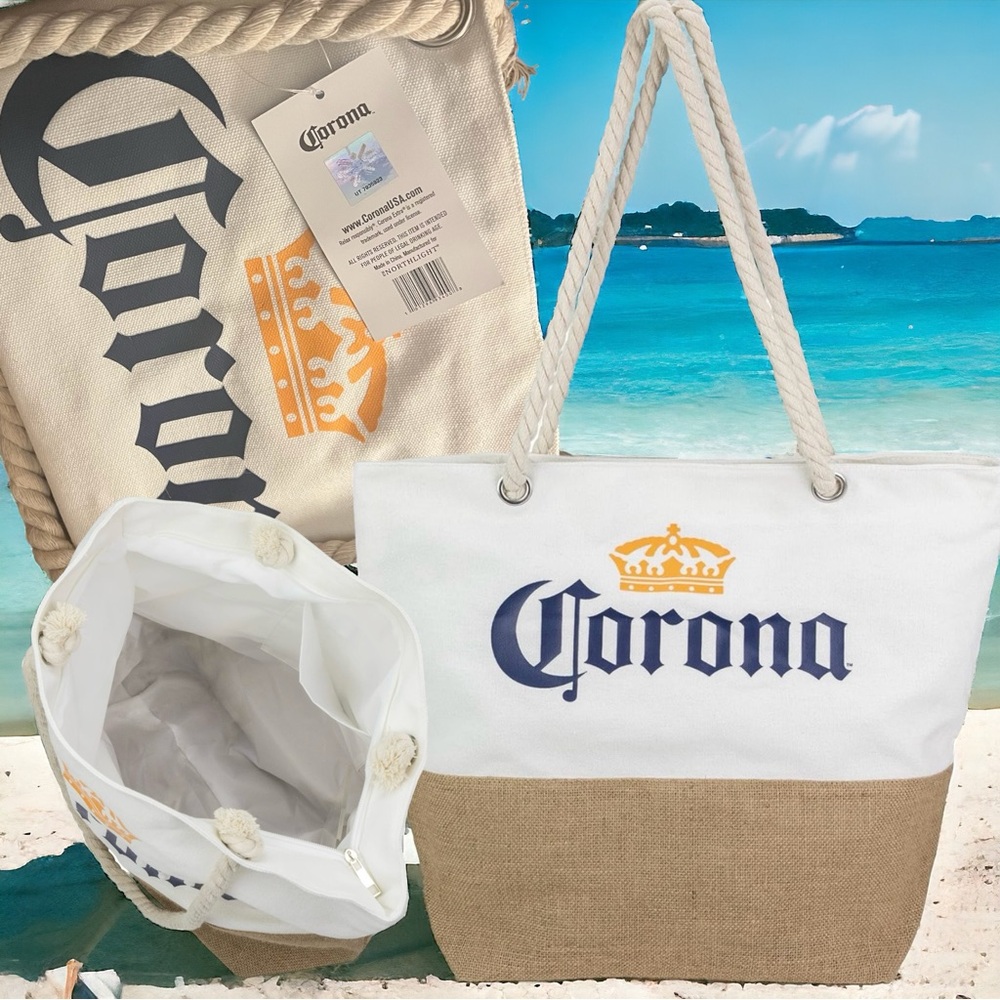 Officially Licensed Corona Beer Beach Summer Burlap Tote Bag Rope Handle Zipper